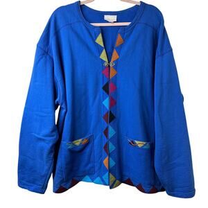 XXL VTG Nu Views Blue Embroidered Cardigan USA Made Artsy Boho Lagenlook Folksy